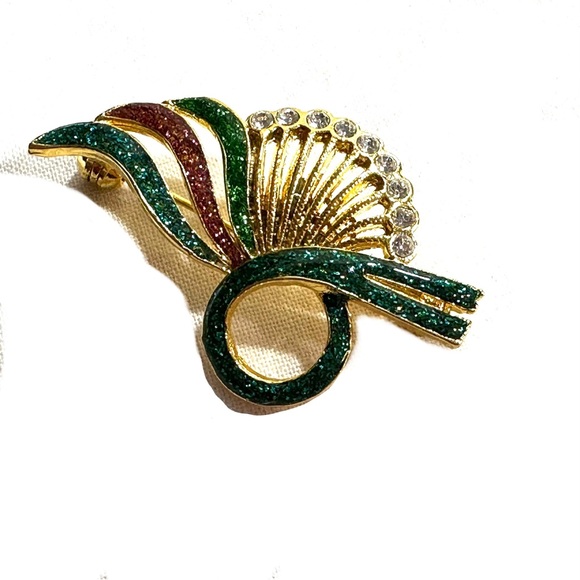Colorful Sparkly Fan Shape Brooch Pin Rhinestone Style Beads Gold Tone - Picture 2 of 4